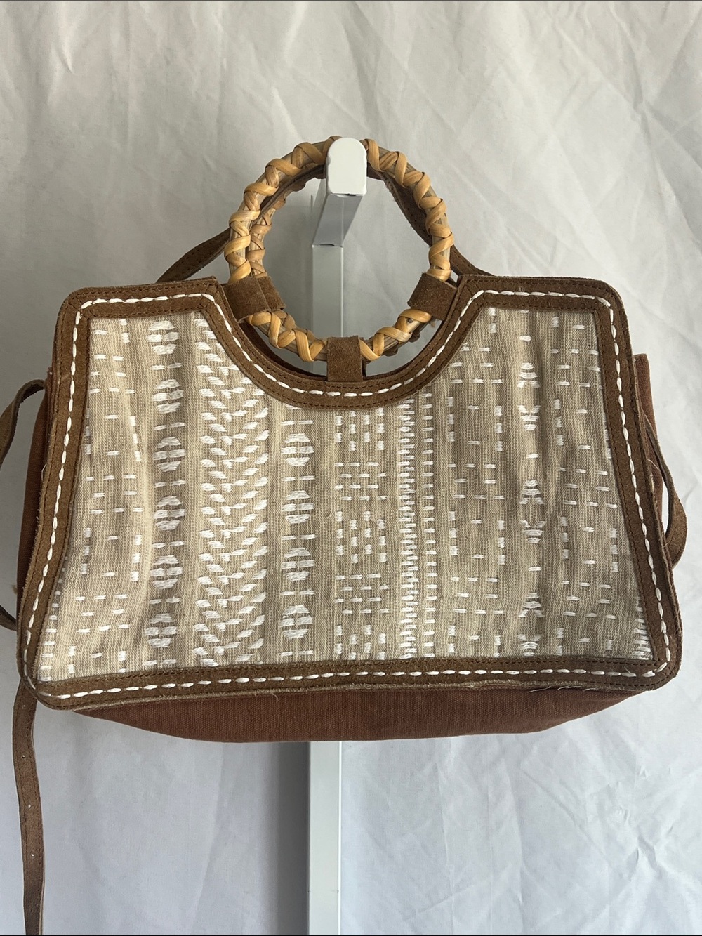 World Market Brown and Cream Woven Top-Handle Tote with Leather Shoulder Strap
